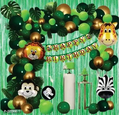 Happy Birthday Balloons Decoration Set - (60Pcs) Birthday BANNER + 2 Pcs Fringe Foil Curtain + 5 Pcs Set of Jungle Theme  Glue Dot with 50 Pcs HD Metallic Balloons Combo Kit.