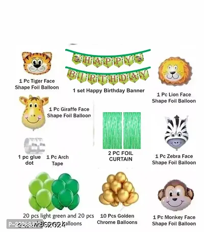 Happy Birthday Balloons Decoration Set - (60Pcs) Birthday BANNER + 2 Pcs Fringe Foil Curtain + 5 Pcs Set of Jungle Theme  Glue Dot with 50 Pcs HD Metallic Balloons Combo Kit.-thumb4