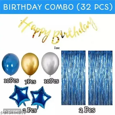 Naveen Happy Birthday Decorations for Boys- Golden Banner, Blue Foil Curtain, Star Foil Balloons, Metallic Balloons -Decoration Items for Birthday Party, Birthday Decoration kit Combo-32Pcs-thumb2