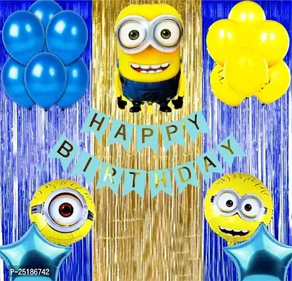 Happy Birthday Minion Theme Combo Kit Items With Metallic Balloons Foil Curtain Shimmer Happy Birthday Paper Banner For Little Kids Theme Birthday Party Decorations Pack of 39 Yellow BLUE-thumb0