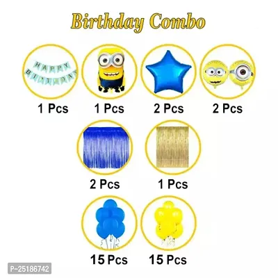 Happy Birthday Minion Theme Combo Kit Items With Metallic Balloons Foil Curtain Shimmer Happy Birthday Paper Banner For Little Kids Theme Birthday Party Decorations Pack of 39 Yellow BLUE-thumb2