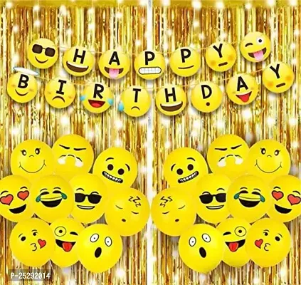 Emoji Theme Birthday Decoration Kit Combo - Happy Birthday Smiley Banner, 2 Golden Curtain, And 20 Emoji Balloons-thumb0