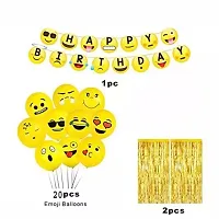 Emoji Theme Birthday Decoration Kit Combo - Happy Birthday Smiley Banner, 2 Golden Curtain, And 20 Emoji Balloons-thumb1