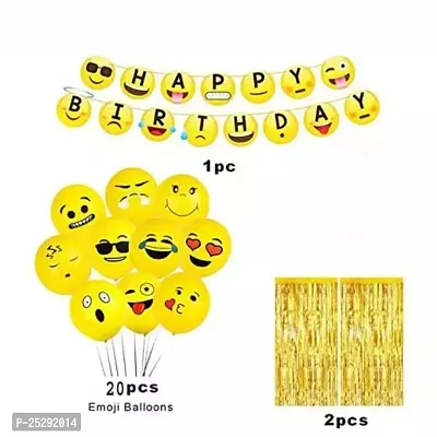 Emoji Theme Birthday Decoration Kit Combo - Happy Birthday Smiley Banner, 2 Golden Curtain, And 20 Emoji Balloons-thumb2