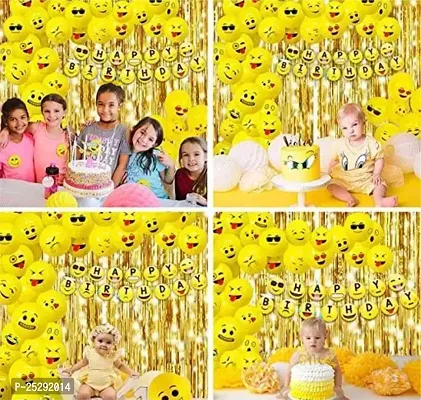 Emoji Theme Birthday Decoration Kit Combo - Happy Birthday Smiley Banner, 2 Golden Curtain, And 20 Emoji Balloons-thumb3
