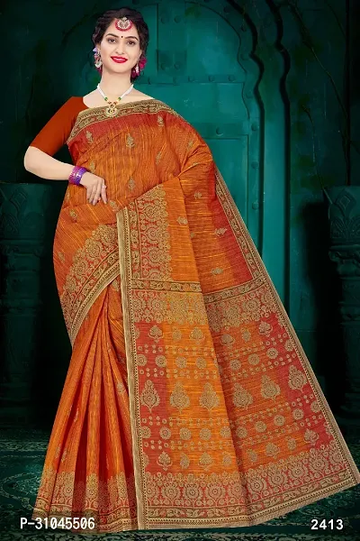 Stylish Orange Mulmul Cotton Block Print Saree Without Blouse Piece For Women-thumb0