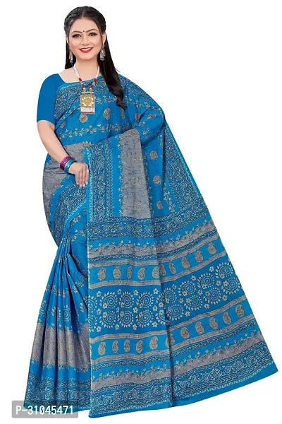 Stylish Blue Mulmul Cotton Block Print Saree Without Blouse Piece For Women