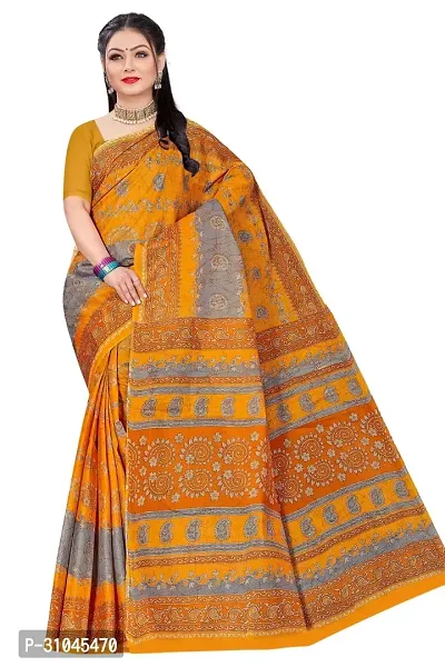 Stylish Orange Mulmul Cotton Block Print Saree Without Blouse Piece For Women