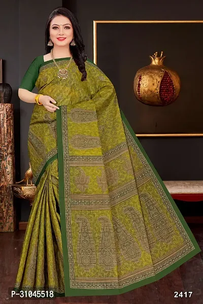 Stylish Green Mulmul Cotton Block Print Saree Without Blouse Piece For Women