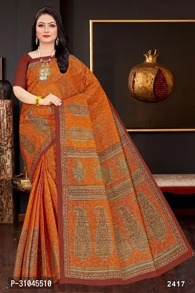 Stylish Orange Mulmul Cotton Block Print Saree Without Blouse Piece For Women-thumb0