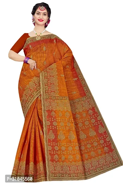 Stylish Orange Mulmul Cotton Block Print Saree Without Blouse Piece For Women