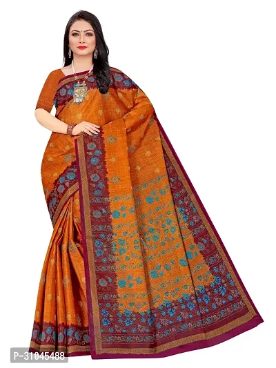 Stylish Orange Mulmul Cotton Block Print Saree With Blouse Piece For Women