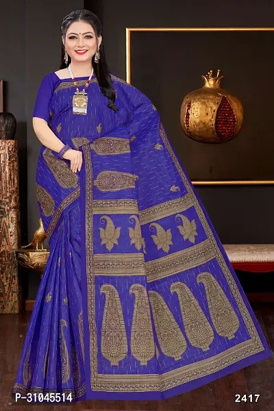 Stylish Blue Mulmul Cotton Block Print Saree Without Blouse Piece For Women