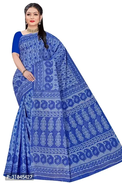 Stylish Blue Mulmul Cotton Block Print Saree Without Blouse Piece For Women