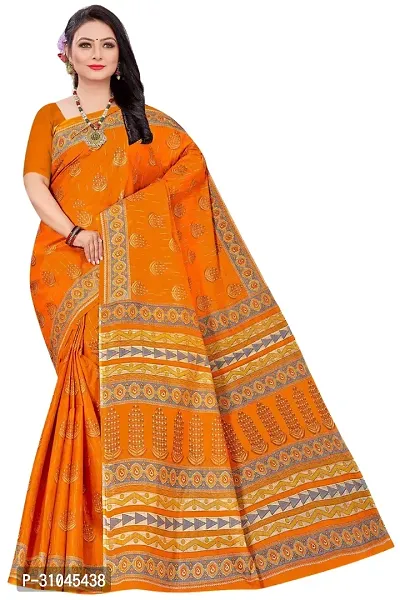 Stylish Orange Mulmul Cotton Block Print Saree Without Blouse Piece For Women