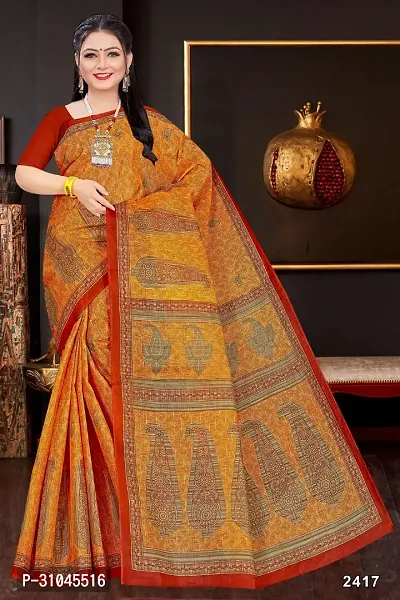 Stylish Orange Mulmul Cotton Block Print Saree Without Blouse Piece For Women