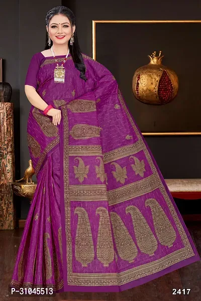 Stylish Purple Mulmul Cotton Block Print Saree Without Blouse Piece For Women-thumb0