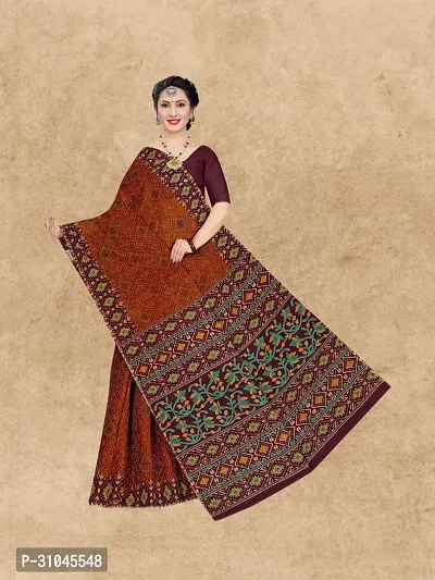 Stylish Brown Mulmul Cotton Block Print Saree Without Blouse Piece For Women-thumb0