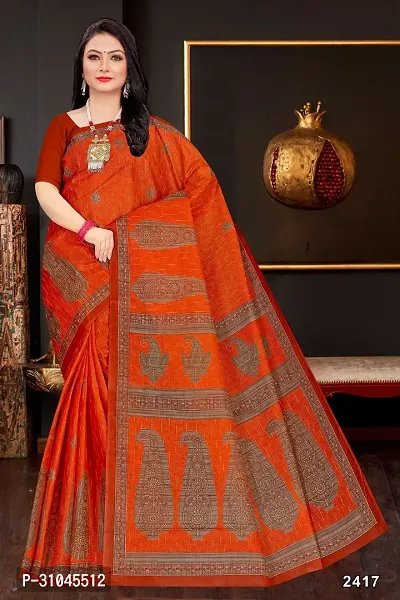 Stylish Orange Mulmul Cotton Block Print Saree Without Blouse Piece For Women