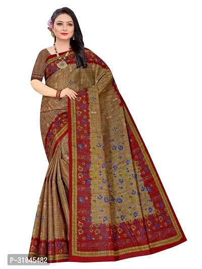 Stylish Brown Mulmul Cotton Block Print Saree With Blouse Piece For Women