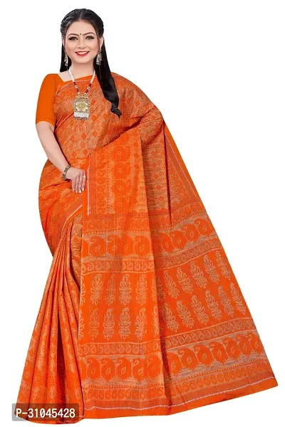 Stylish Orange Mulmul Cotton Block Print Saree Without Blouse Piece For Women