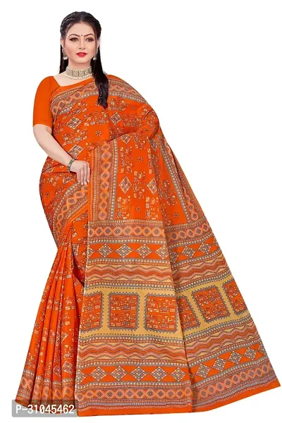 Stylish Orange Mulmul Cotton Block Print Saree Without Blouse Piece For Women-thumb0