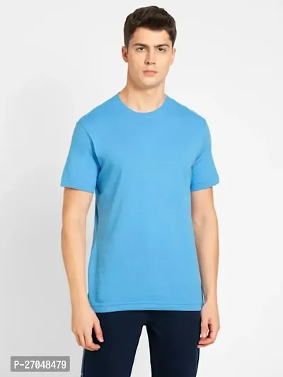 Reliable Blue Cotton Blend Solid Round Neck Tees For Men-thumb0