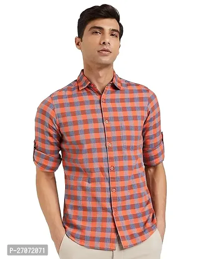 Classic Orange Cotton Blend Checked Casual Shirt For Men