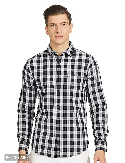 Classic Black Cotton Blend Checked Casual Shirt For Men