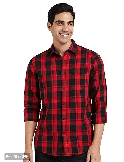 Classic Red Cotton Blend Checked Casual Shirt For Men