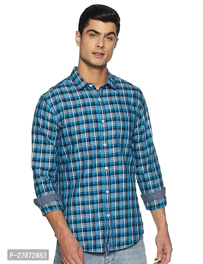 Classic Blue Cotton Blend Checked Casual Shirt For Men