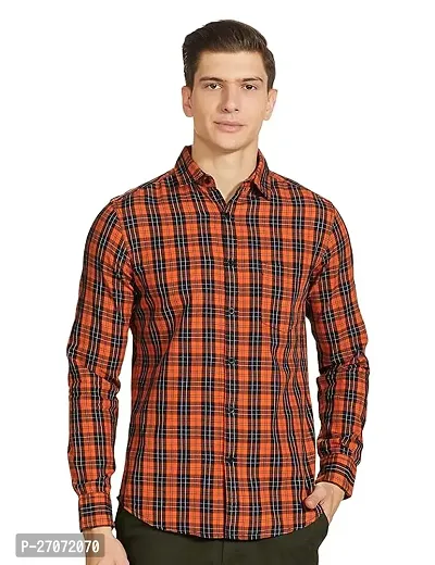 Classic Orange Cotton Blend Checked Casual Shirt For Men