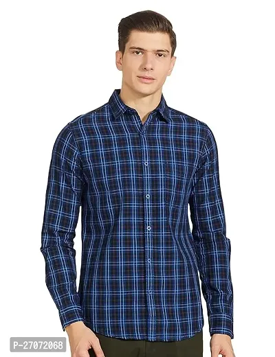 Classic Blue Cotton Blend Checked Casual Shirt For Men