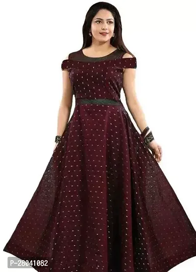 Indo western Brown Printed Satin Silk Gown-thumb0