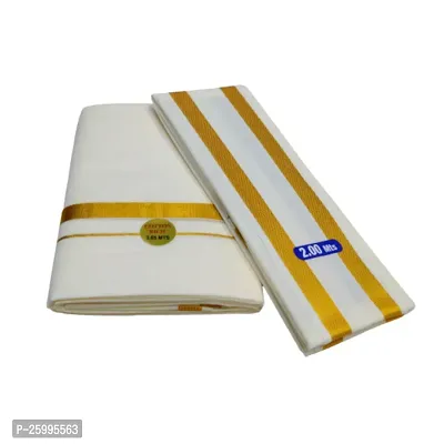 100% Cotton Men's Butter Fly Gold Zari Border Dhoti 3.65 Mts +2 Mts Big Angavastram Towel set (Colour:Cream)