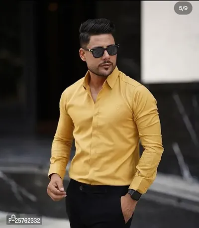 Comfortable Yellow Cotton Blend Long Sleeve Solid Shirt For Men-thumb0