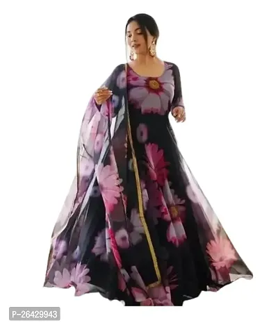 Women's Georgette Floral V-Neck Full Sleeve Knee Length Lightweight A-Line Gown-thumb0