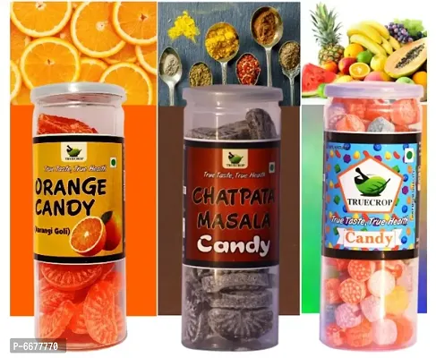 Truzana (Truecrop) Orange Fruit Candies, Black Pepper Masala Candy and Mix Fruits Candy | Sugar Coated Fruit Flavored Candies | 600gm ( Can Pack of 3 )-thumb0