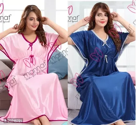 Mls Fancy Blue And Pink Steps Satin Maxi Night Dress Kaftan Night Suits Nighty For Women Combo