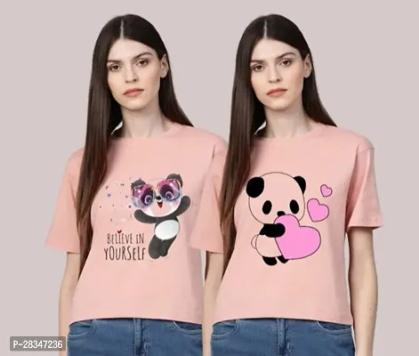 Stylish Polyester Printed Round Neck T-Shirt For Women - Pack Of 2-thumb0