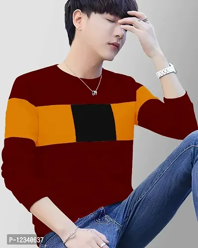 Reliable Maroon Cotton Blend Colourblocked Round Neck Tees For Men