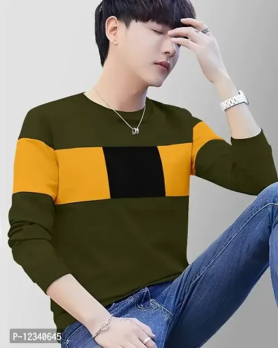Reliable Green Cotton Blend Colourblocked Round Neck Tees For Men