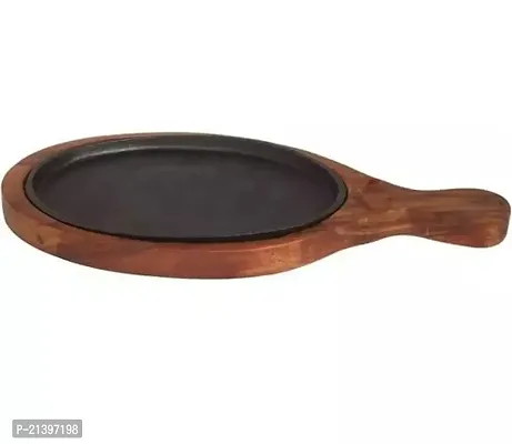 cast Iron sizzler Plates with Wooden Base, Oval sizzler Tray, Platter in ( SHEESHAM-ROSEWWOD) for Serving and Dining [ Size 15/7inch,Brown]