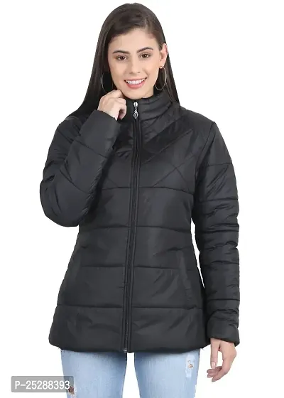 Stylish Black Solid Puffer Jacket For Women