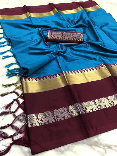 Stylish Haathi Border Silk Woven Saree With Running Blouse Piece For Women