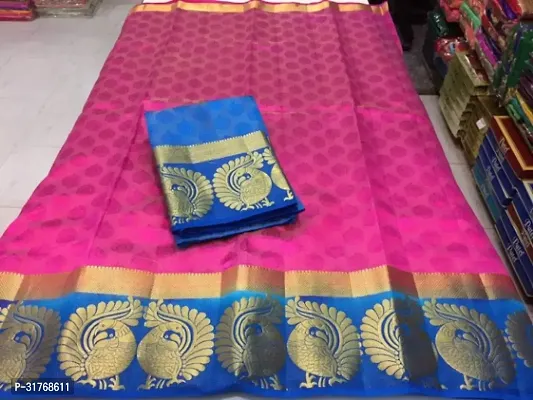 Stylish Pink Art Silk Woven Saree with Blouse piece For Women-thumb0