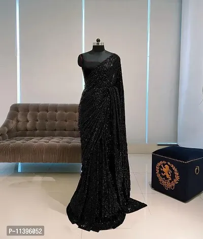 Designer Georgette Black Sequins Saree With Blouse Piece For Women