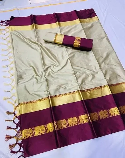 Haathi Border Cotton Silk Woven Sarees With Blouse Piece