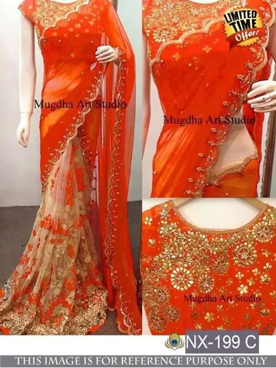 Net Embroidered Half and Half Partywear Sarees with Blouse Piece