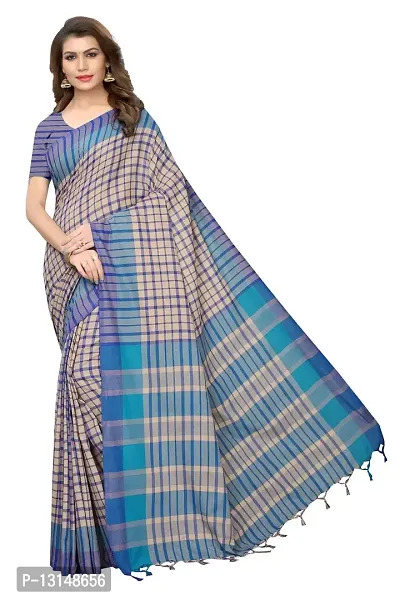 Reeva Trends Women's Cotton Silk Printed Saree With Blouse Piece (TERRA CHECKS BLUE_Free Size)